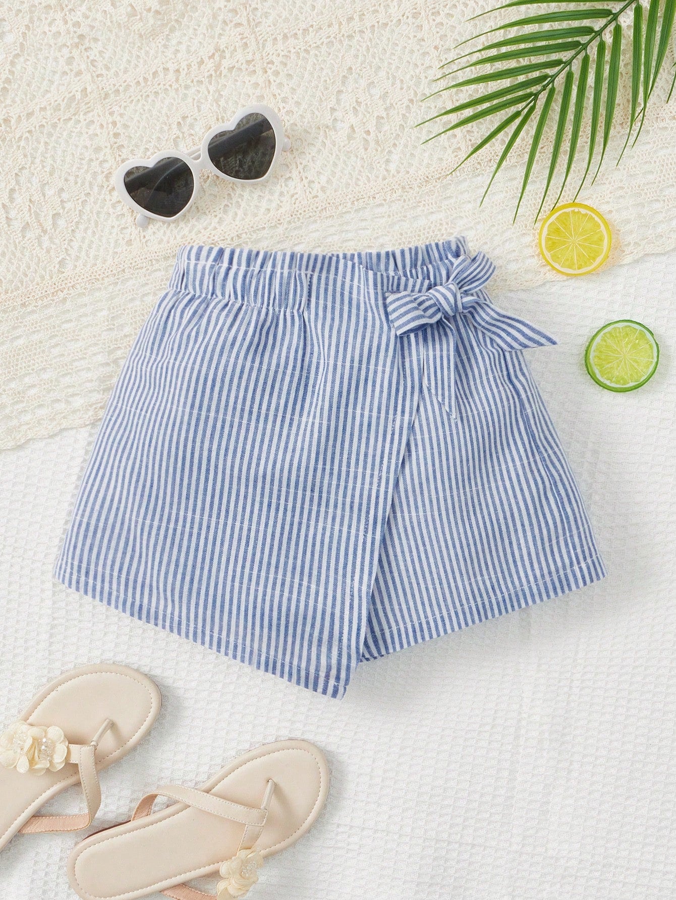 Young Girl Striped Print Wrap Knot Side Skort