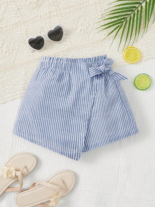 Young Girl Striped Print Wrap Knot Side Skort