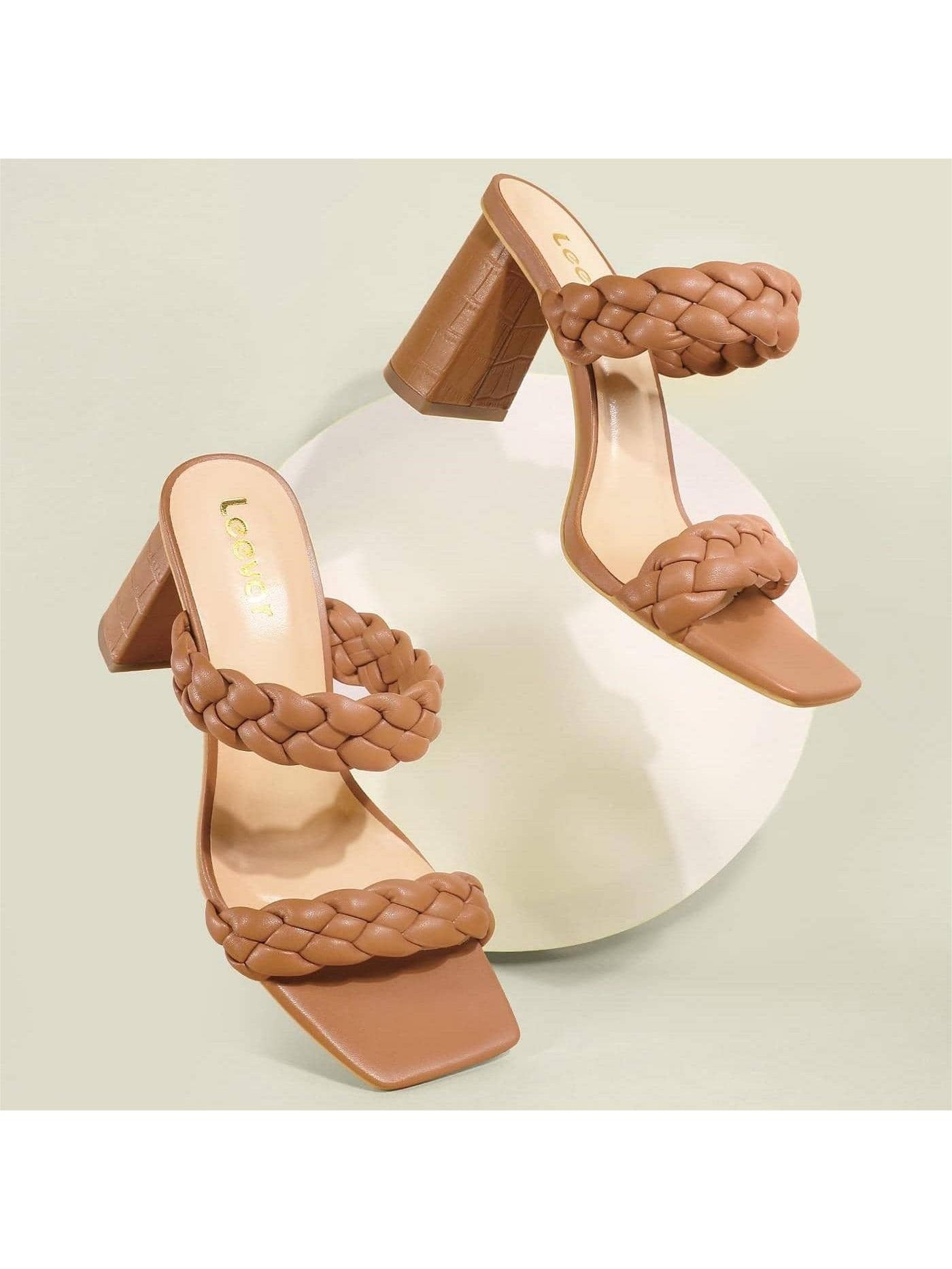 3 inches Women Sandals Stylish Square Toe Braided Heels Woven Chunky Heels