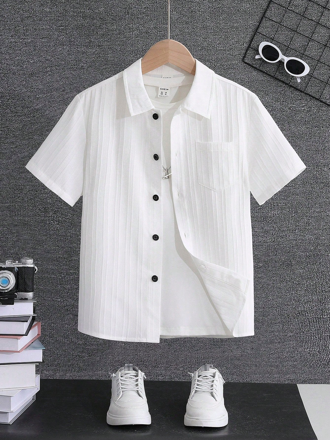 Tween Boy Tween Boy Fashionable Casual Turn-Down Collar Shirt, Solid Color Short Sleeve Button Down Shirt