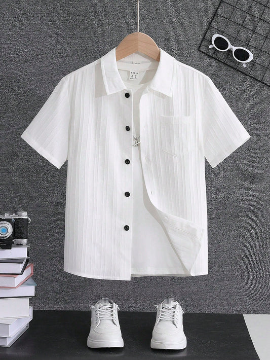 Tween Boy Solid Color White Casual Basic Pocket Spring Autumn Winter Turn-Down Collar Shirt