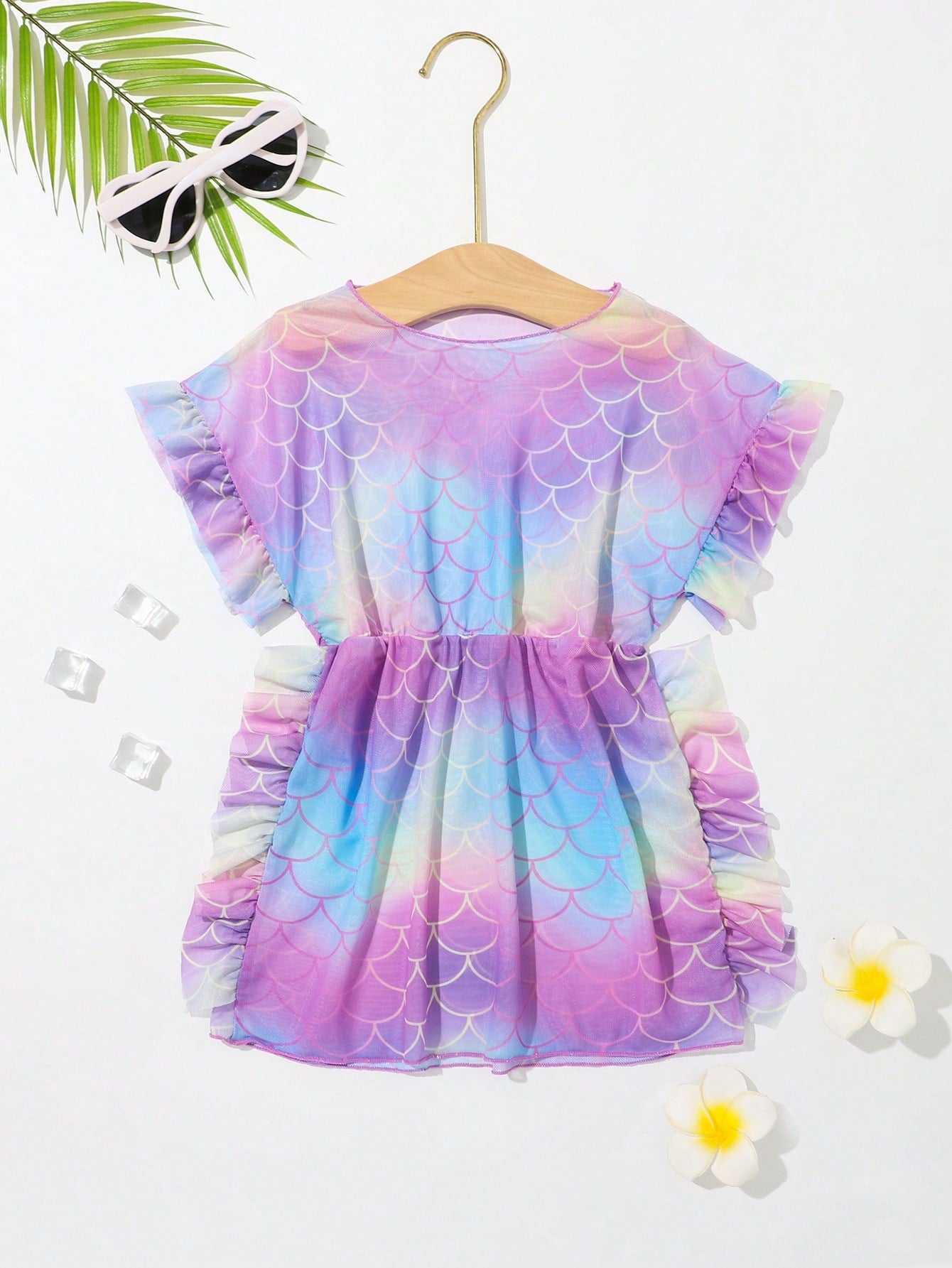 Young Girls' Summer Beach Printed Cover Up With Imitation Pearl And Ruffle Hem