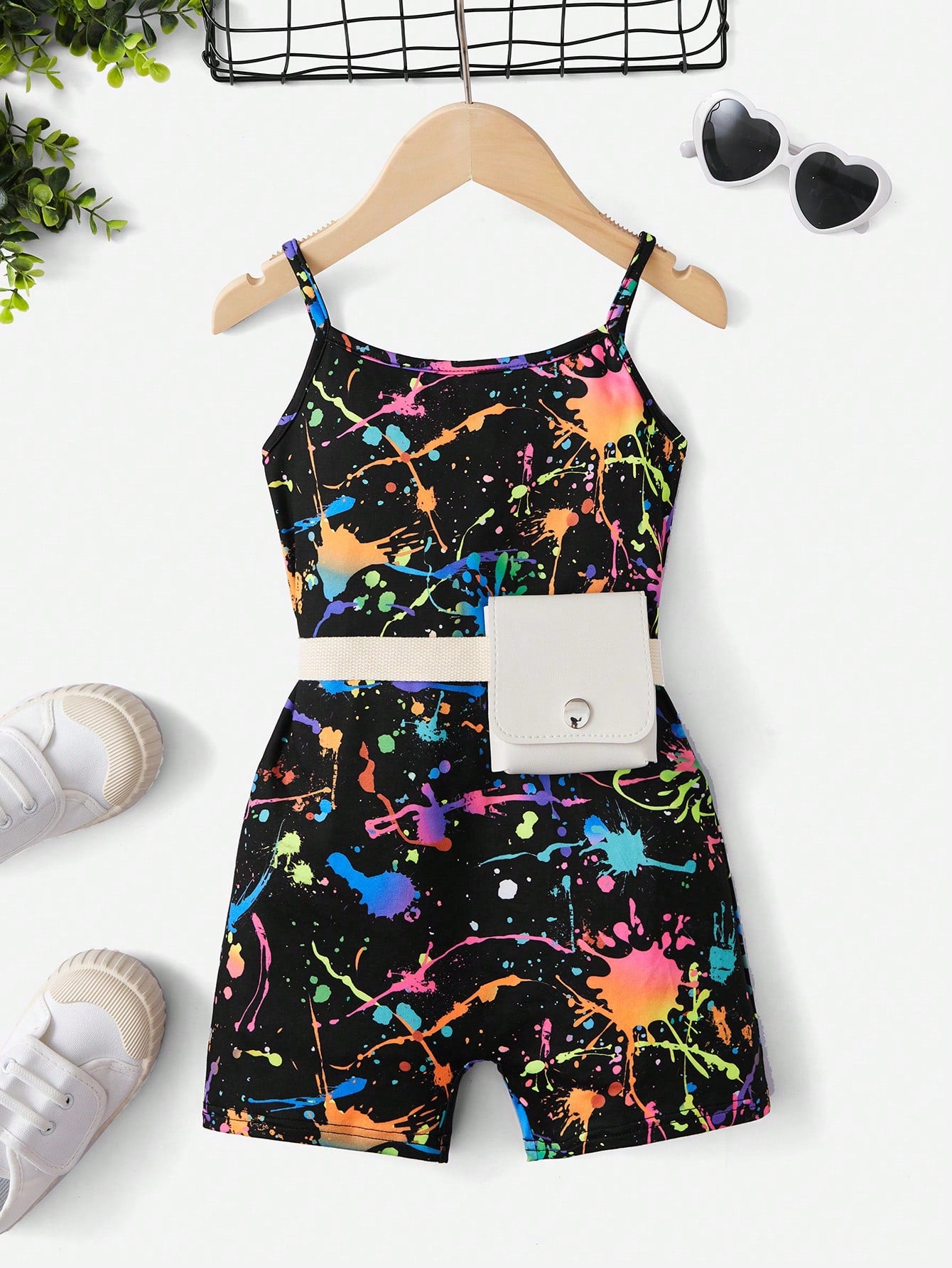 Tween Girl Splash Ink Print Cami Romper Without Belt Bag