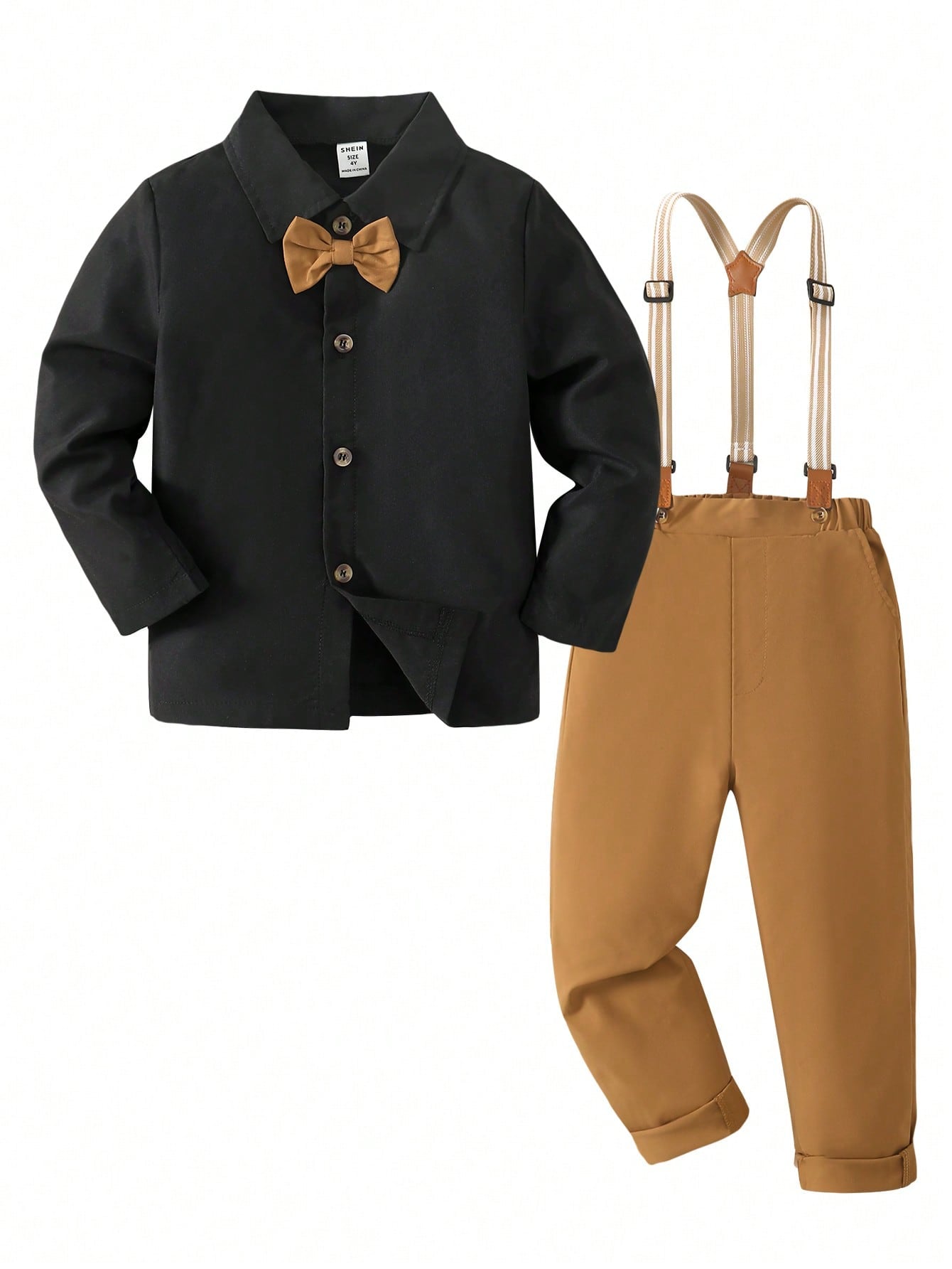 Young Boy Gentlemen's Long Sleeve Shirt + Suspenders Pants Formal Suit Set For Birthday Party, Evening Event, Wedding Season