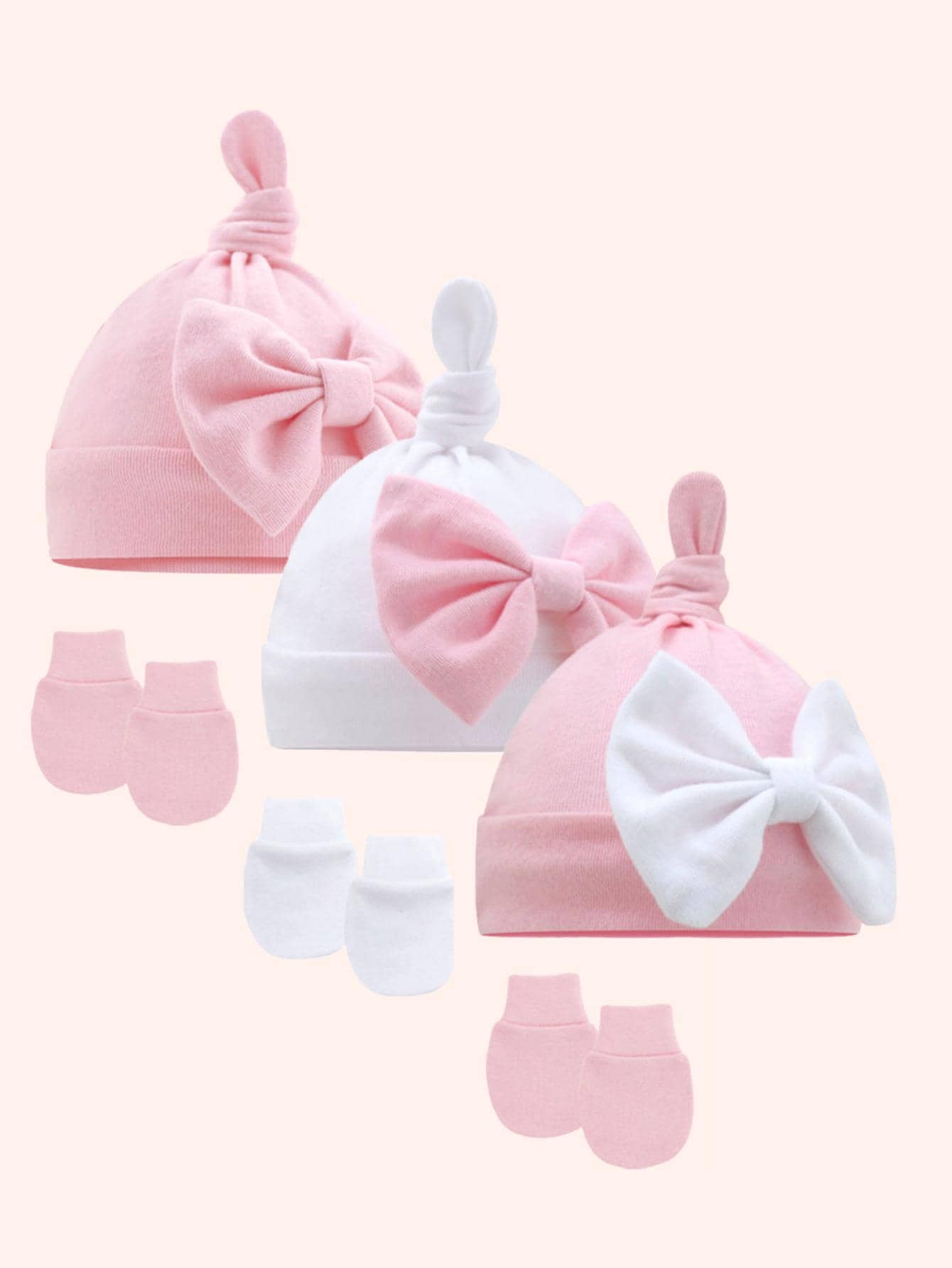 3pcs Hats + Gloves Set With Bow Decoration And Scratch-Resistant Mittens For Newborns