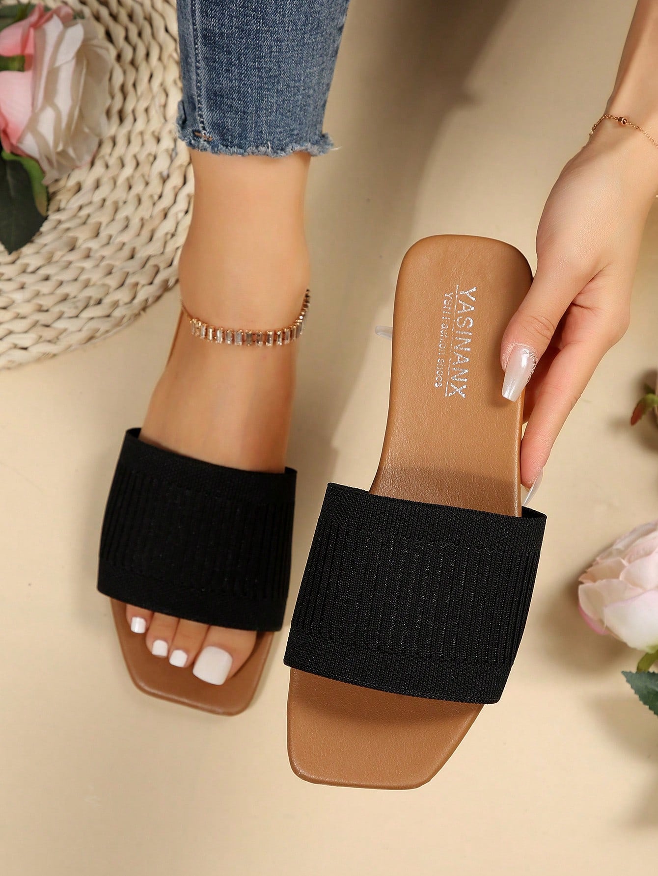 Women's Square Toe Knit Non-Slip Slippers With Breathable Flat Open Toe Slouchy Summer Shoes, Plus Size