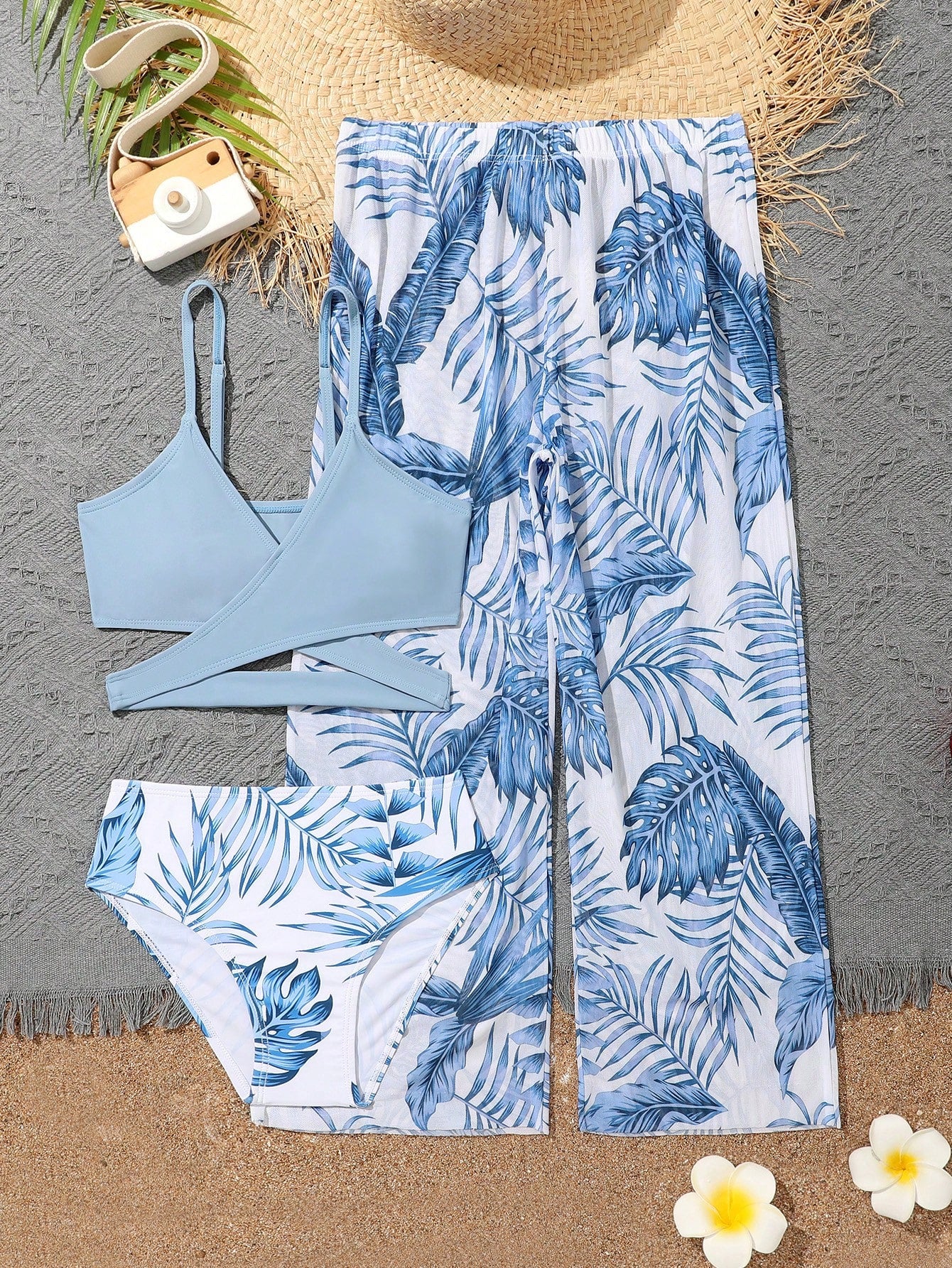 Tween Girl Tropical Print Criss Cross Bikini Set & Cover Up Pants Summer Beach