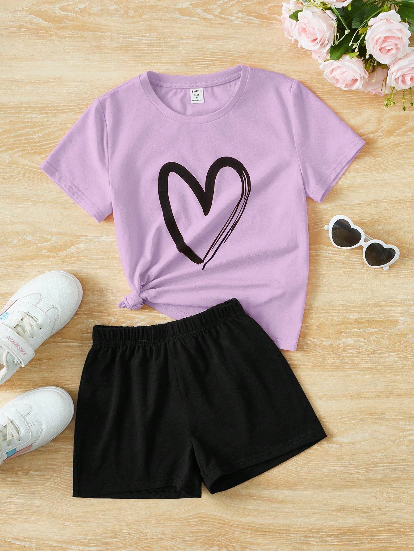 Tween Girl Solid Color Casual 2pcs Heart Printed T-Shirt And Shorts Set