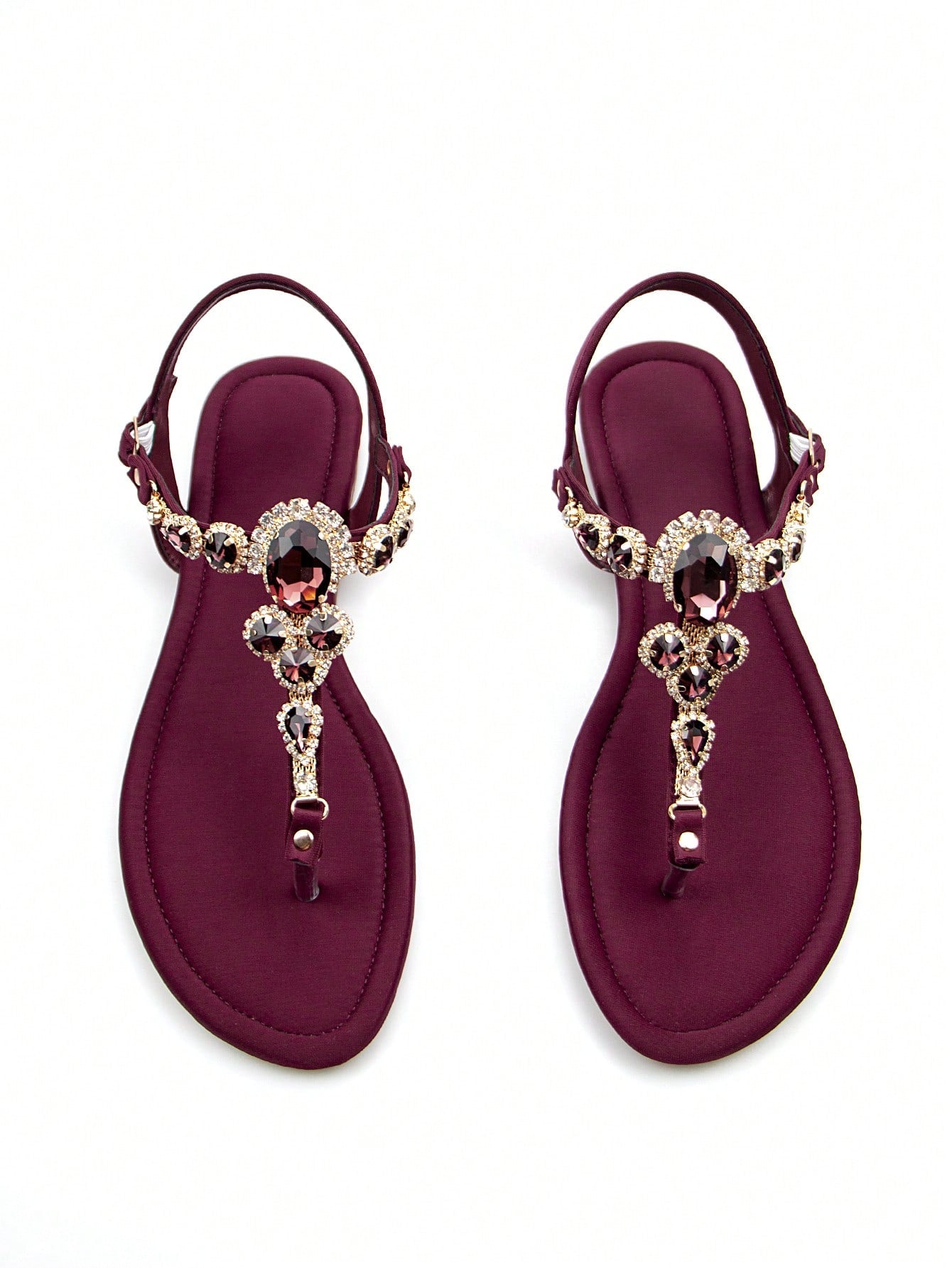 Women Rhinestone Decor Ankle Strap Thong Sandals, Glamorous Summer Flat Sandals