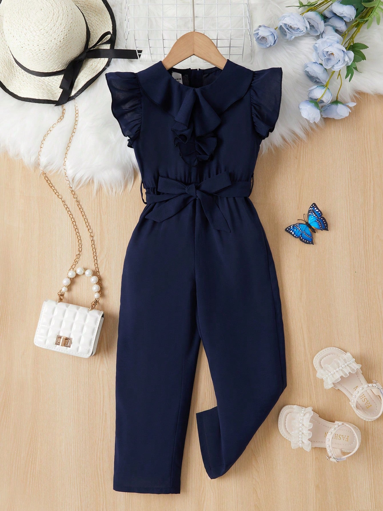 Young Girl Ruffle Trim Belted Jumpsuit