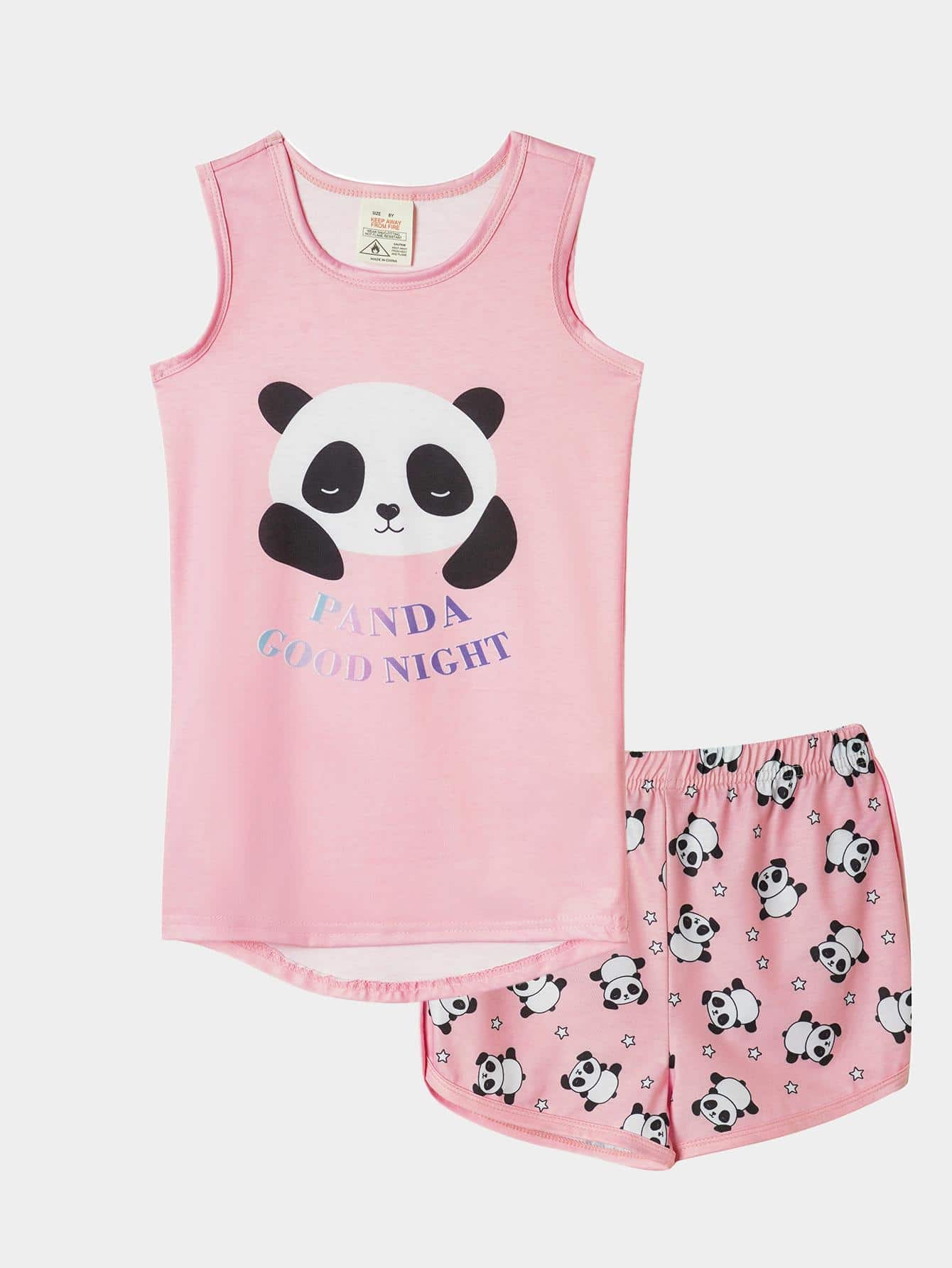 Tween Girl 2pcs Snug Fit Cute Panda Print Top & Shorts Casual Comfy Homewear Set