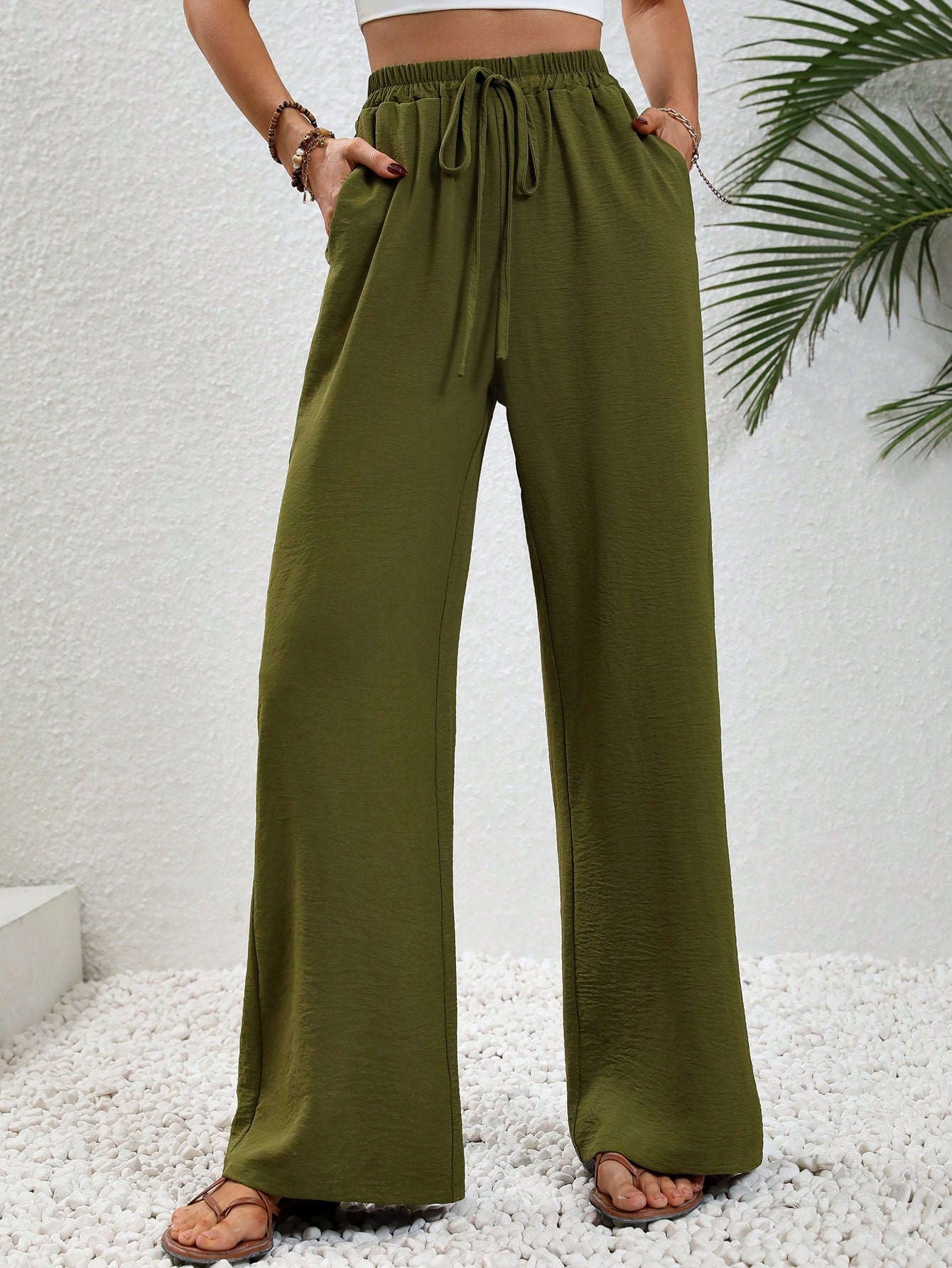 Drawstring Waist Wide Leg Pants