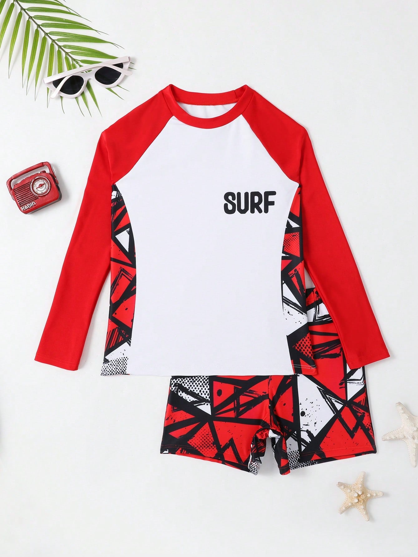 Tween Boys' Swimwear, Teenage High-Neck Letter Printed Beach Swimwear With Random Printed Bottoms