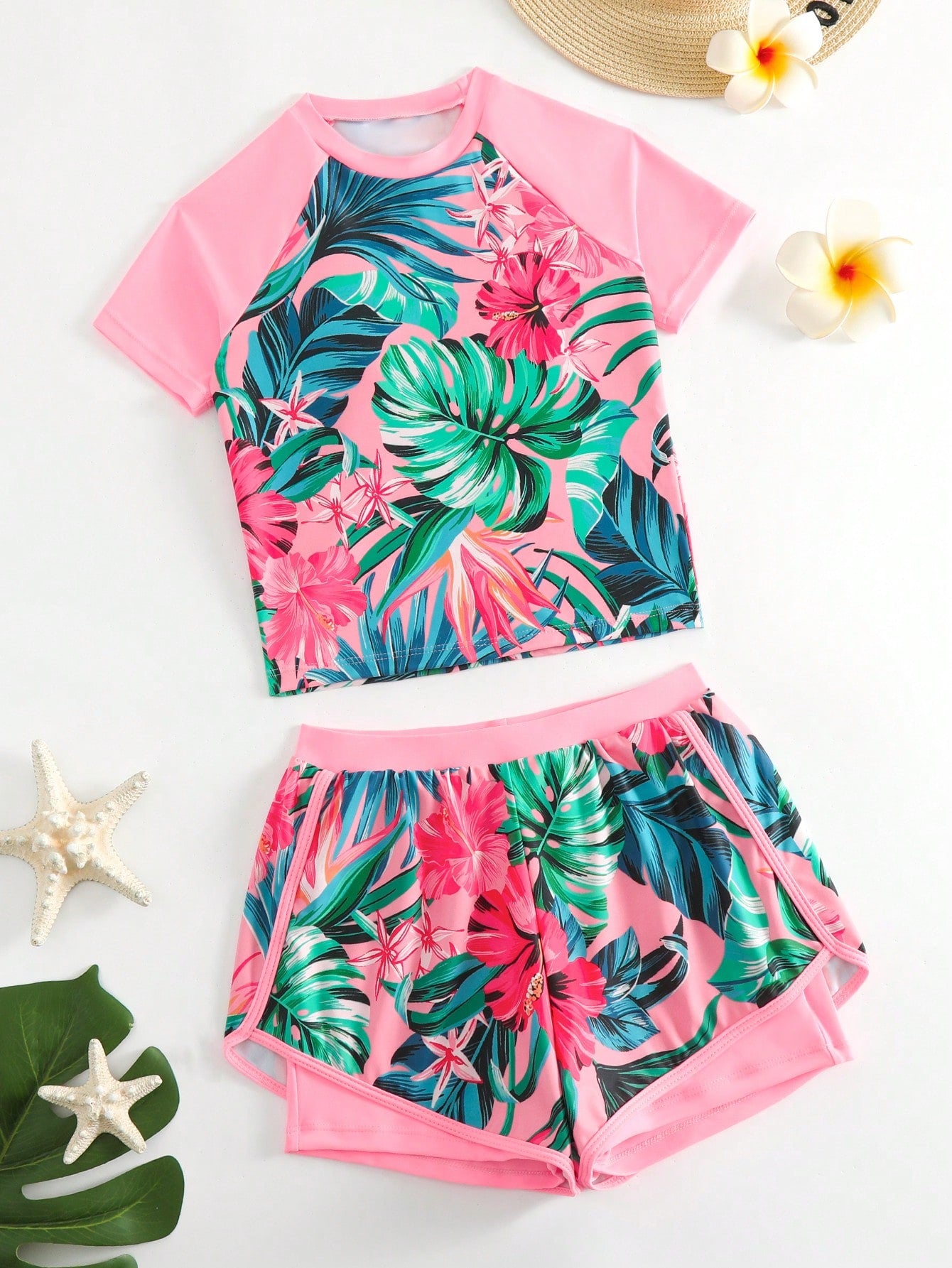 Tween Girl Tropical Print Raglan Sleeve Rashguard Summer Beach