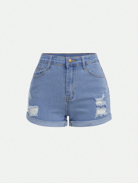 Teen Girls Ripped Roll Up Hem Denim Shorts