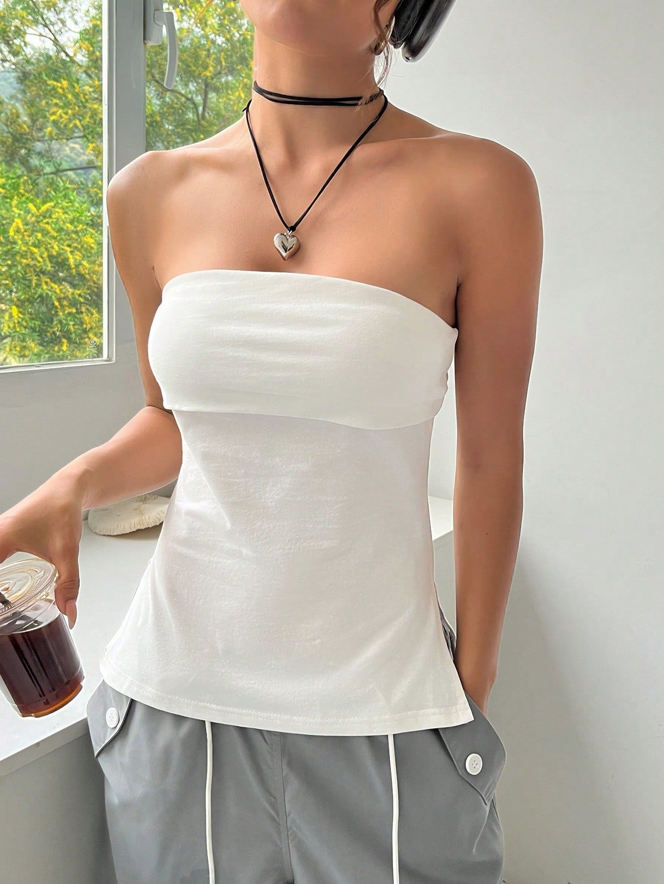 Summer Outfits Solid Split Hem Tube  White Top