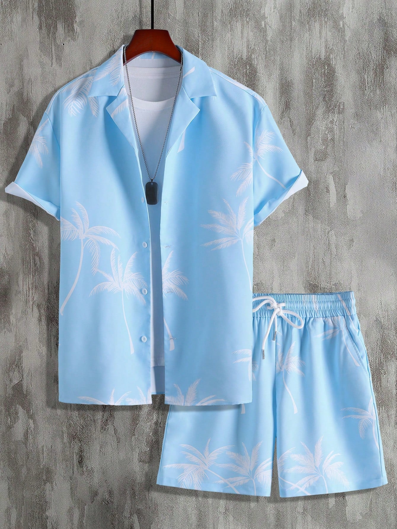 Men Random Palm Tree Print Shirt & Drawstring Waist Shorts Without Tee