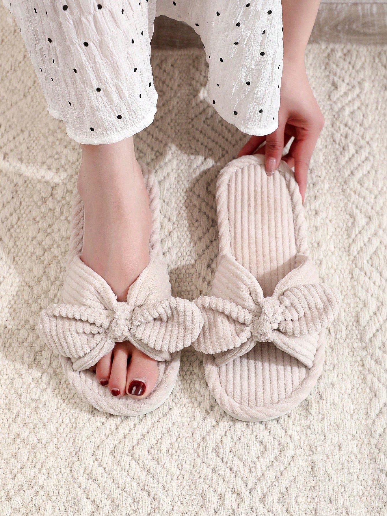 Red Bow Open Toe Slippers, Soft Indoor House Shoes With Quiet Wood Floor Bottoms For Spring And Autumn