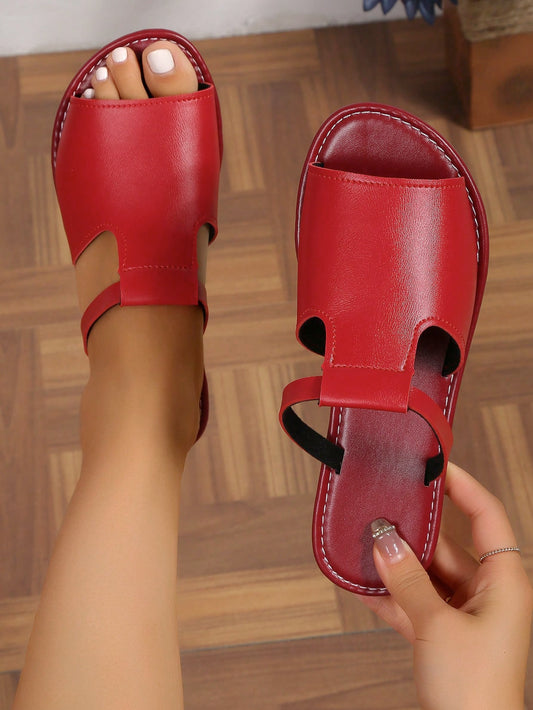 Women Cut Out Slide Sandals, Fashionable Burgundy Flat Sandals