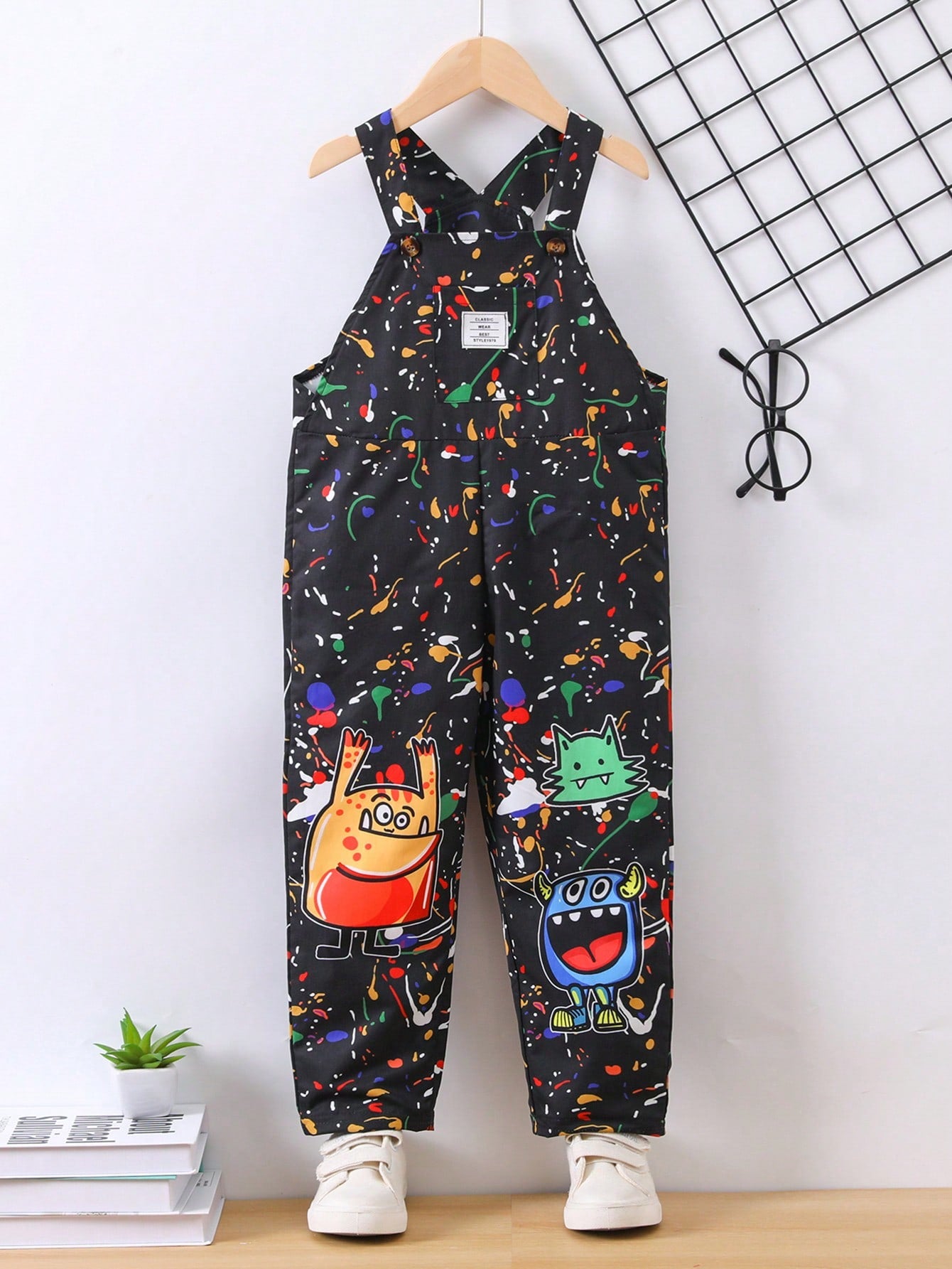 Young Boy Black Casual & Cool Cartoon Printed Jumpsuit With Wide Shoulder Straps For Summer