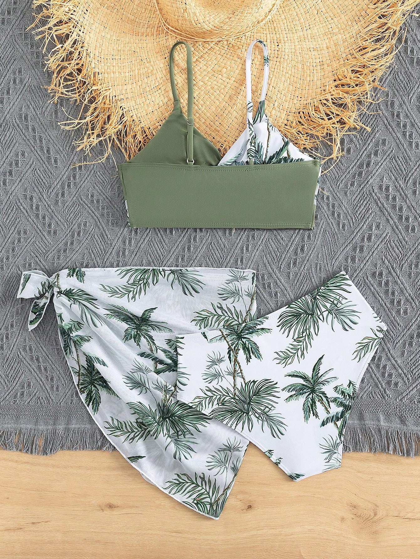 Teen Girl Tropical Print Bikini Swimsuit With Beach Skirt