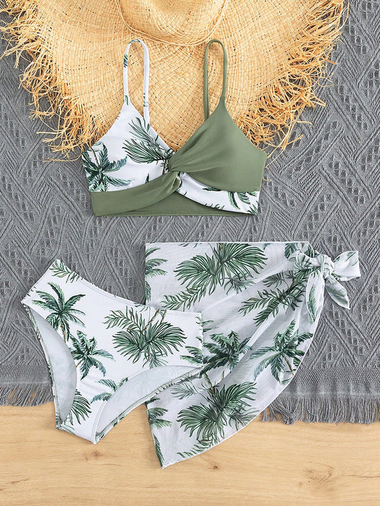 Teen Girl Tropical Print Bikini Swimsuit With Beach Skirt