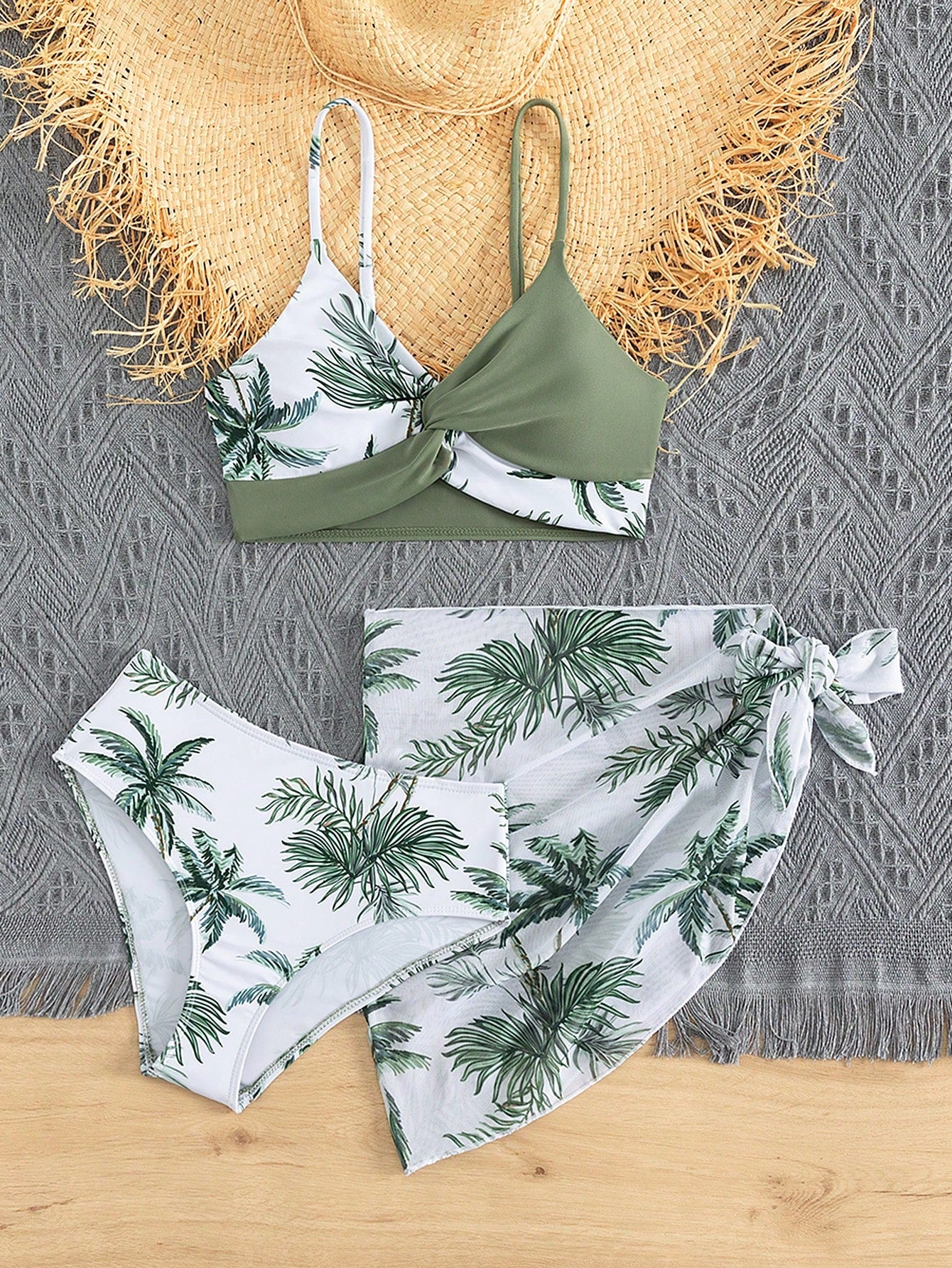 Teen Girl Tropical Print Bikini Set With Beach Skirt Summer Beach