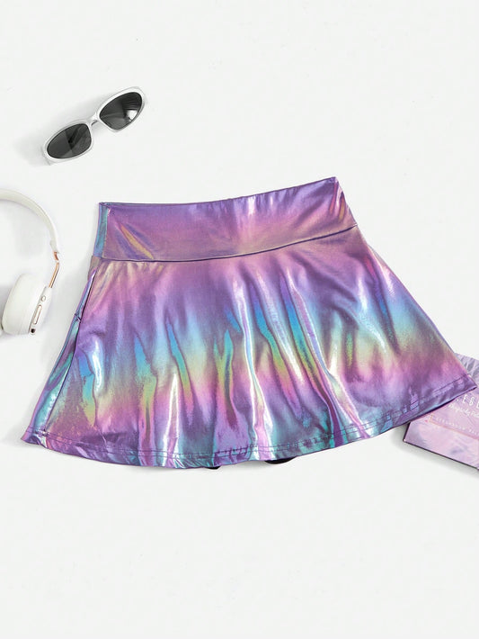 Holographic PU Leather Flare Skirt