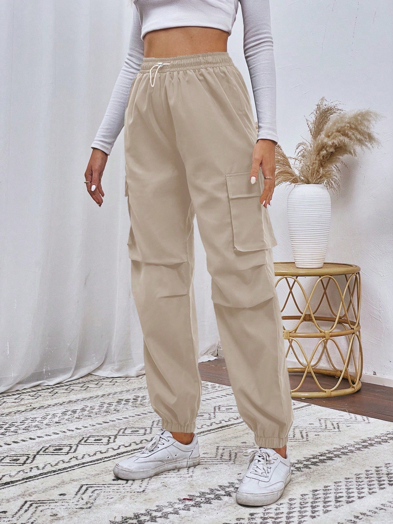 Flap Pocket Drawstring Waist Cargo Pants