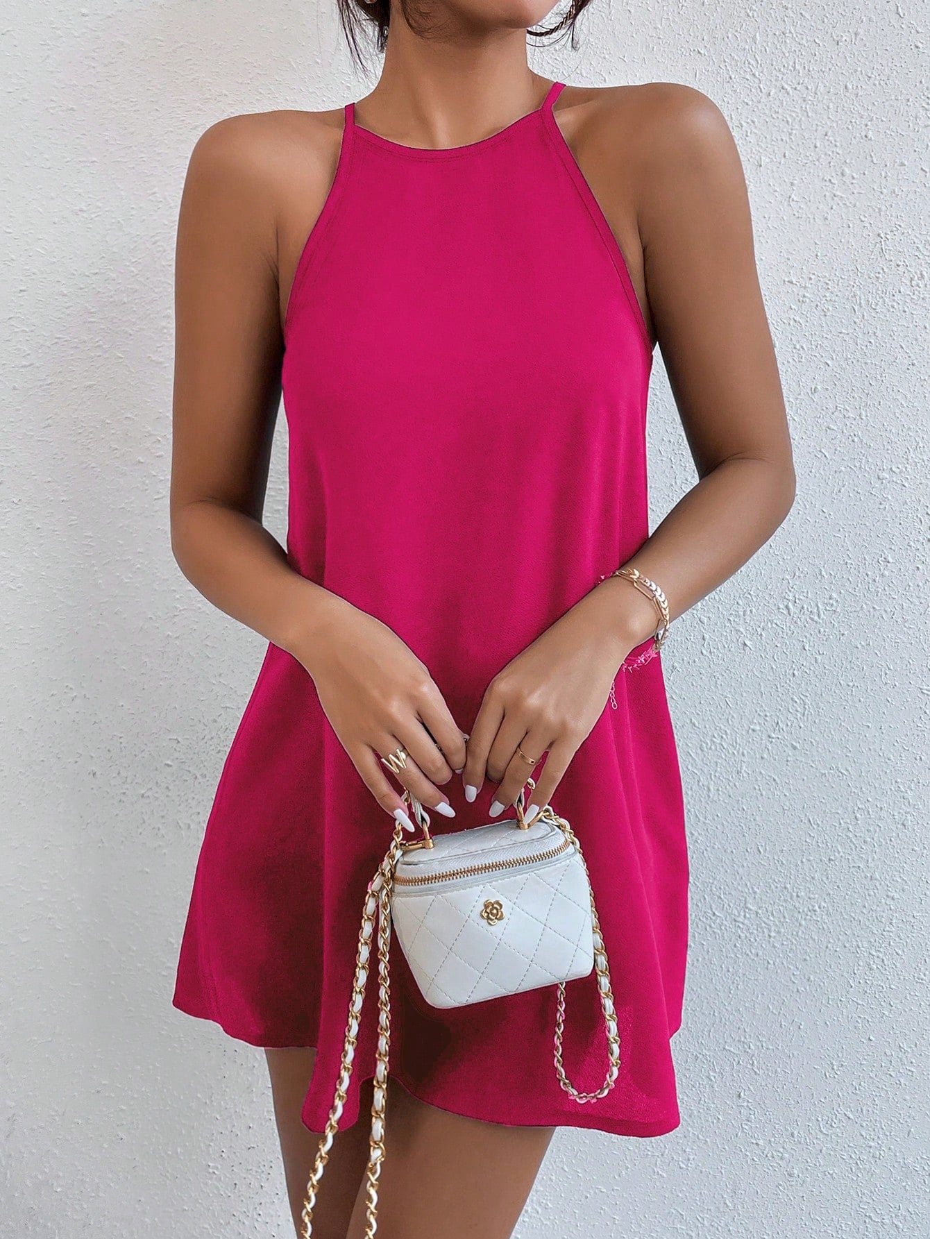 Solid Keyhole Back Halter Neck Dress