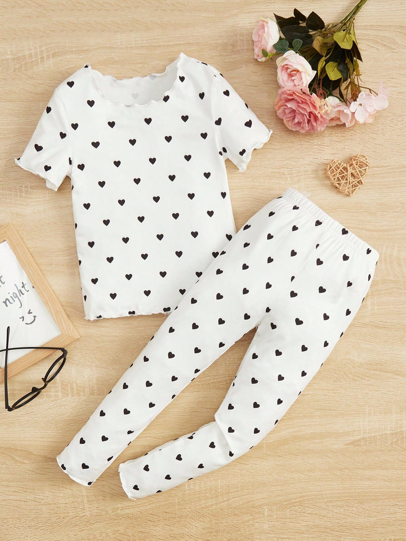 Young Girl Knitted Printed Short Sleeve Top + Pants Home Wear