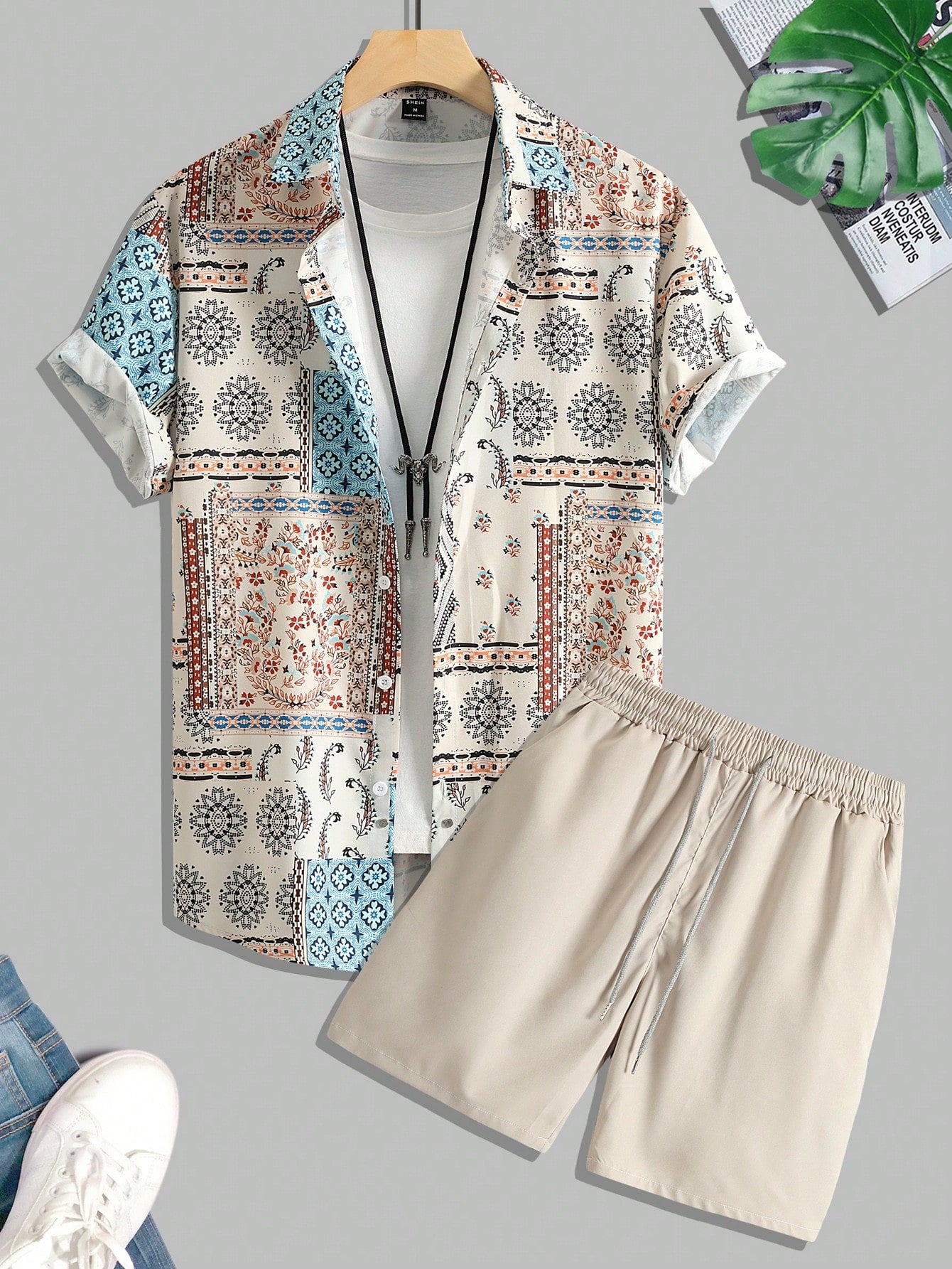 Men Patchwork Print Shirt & Drawstring Waist Shorts Without Tee