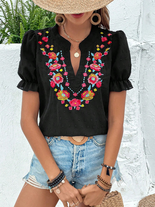 Floral Embroidery Notched Neckline Puff Sleeve Blouse