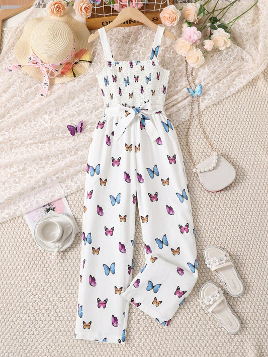 Tween Girl Butterfly Print Shirred Cami Jumpsuit