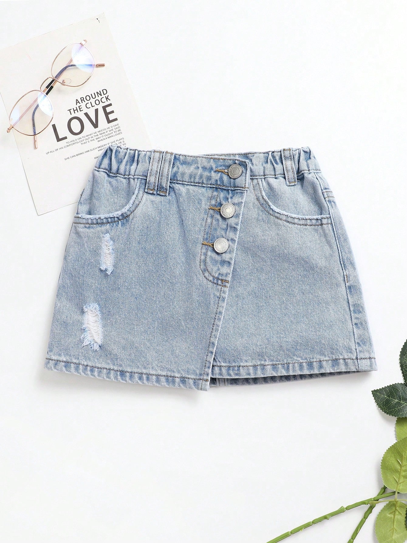 Young Girl Toddler Girls Ripped Button Front Asymmetrical Hem Denim Skirt