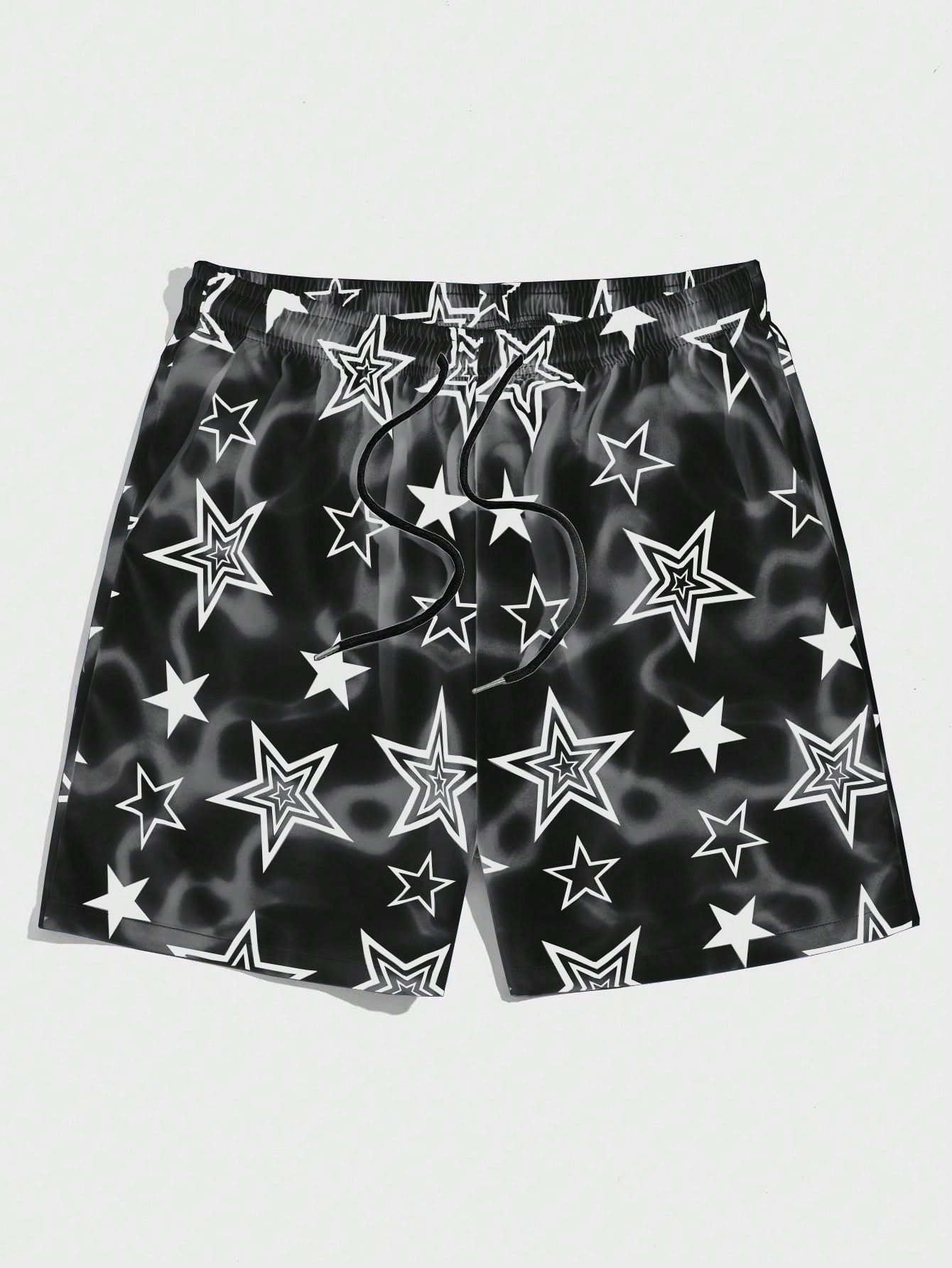 Men Star Print Drawstring Waist Shorts, School