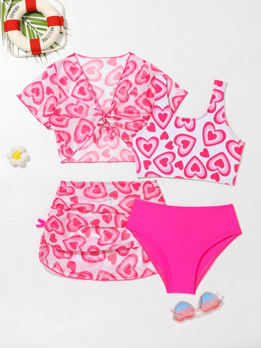 Young Girl Heart Print Bikini Set With Cover Up Set Summer Beach