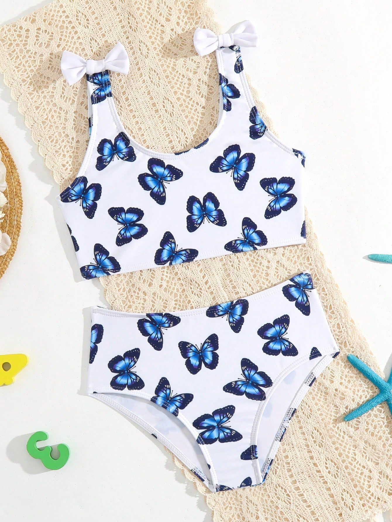 Young Girl Summer Butterfly Printed Two Pieces Bikini Set With Cute Bow On Shoulder Summer Beach