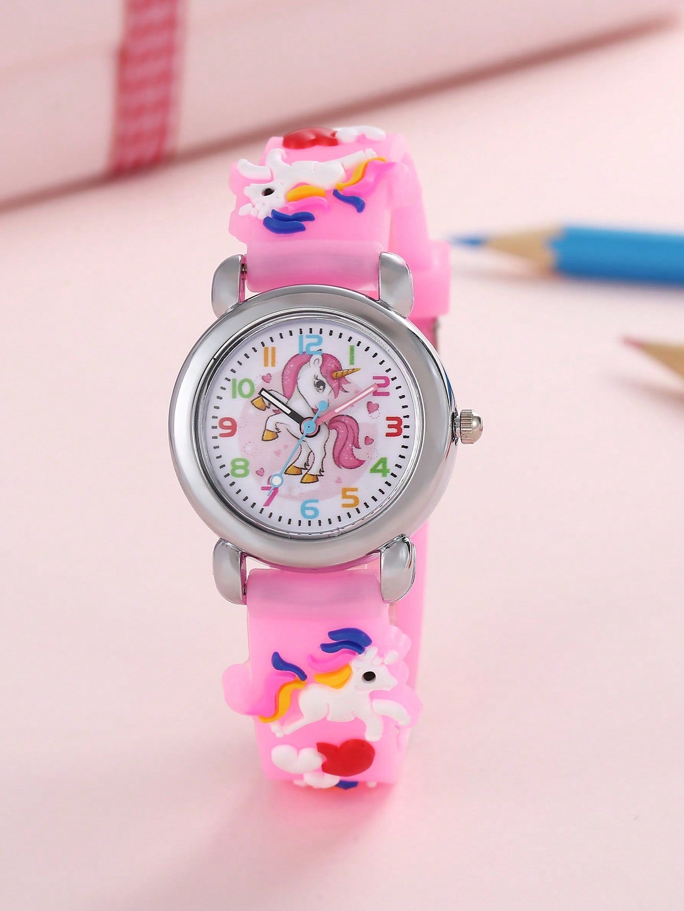 1pc Kids Unicorn Decor Silicone Strap Fashionable Round Dial Quartz Watch For Daily Decoration