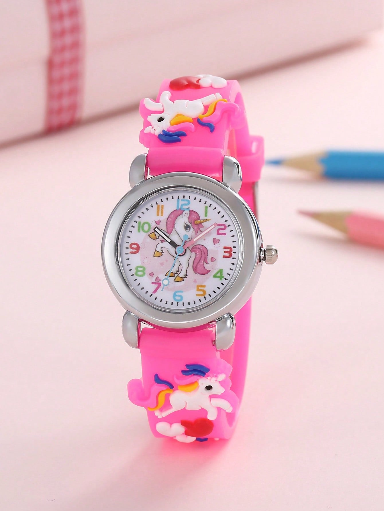 1pc Kids Unicorn Decor Silicone Strap Fashionable Round Dial Quartz Watch For Daily Decoration