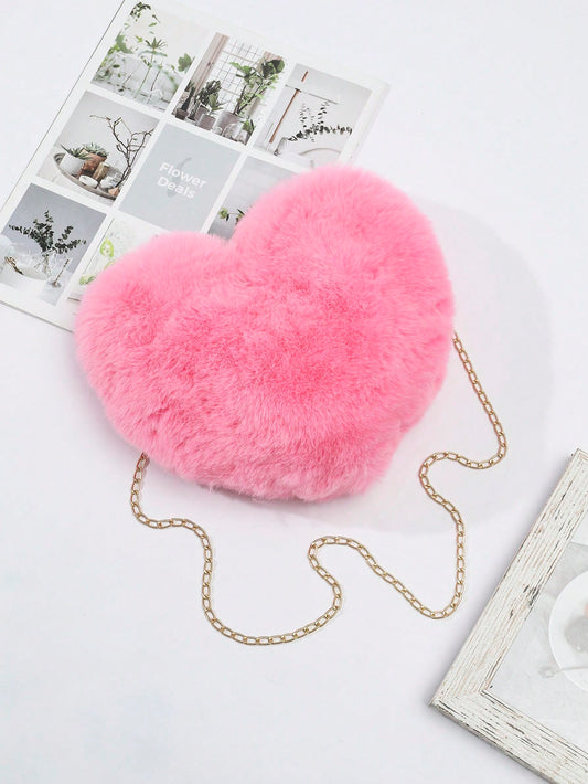 Girls Fuzzy Heart Design Chain Pink Novelty Bag