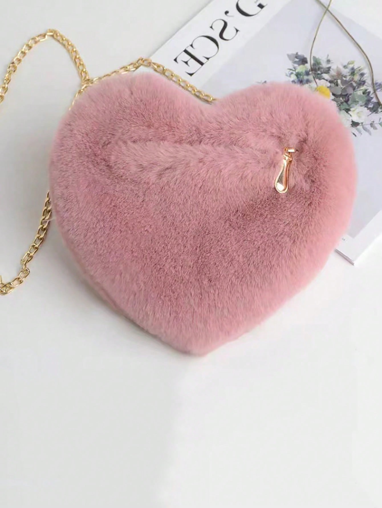 Girls Fuzzy Heart Design Chain Pink Novelty Bag