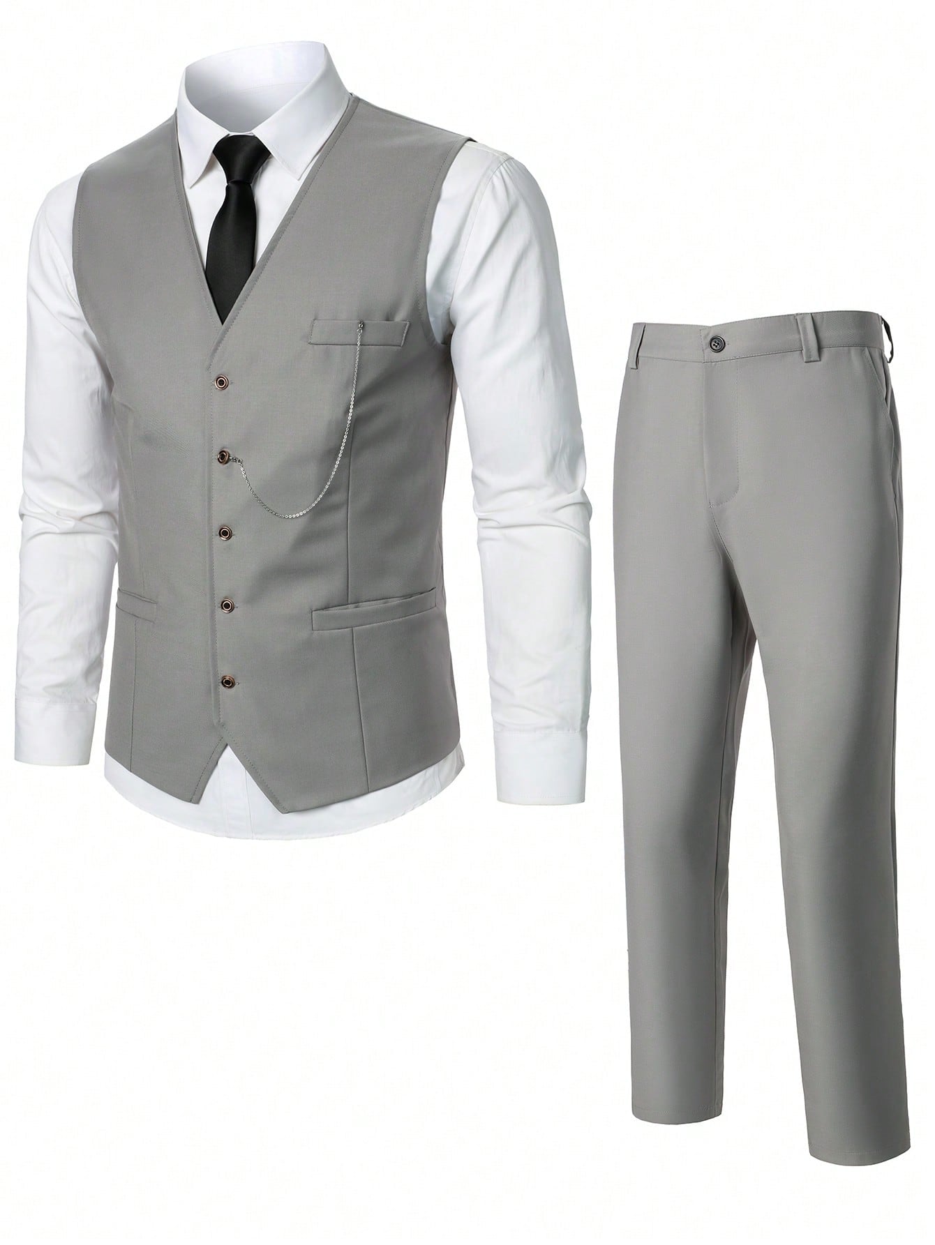 Men Single-Breasted Solid Color Suit Vest And Suit Pants Business Travel Outfit