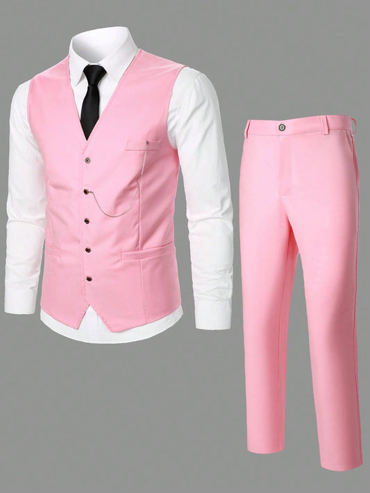 Men 1pc Button Front Waistcoat & 1pc Suit Pants Set