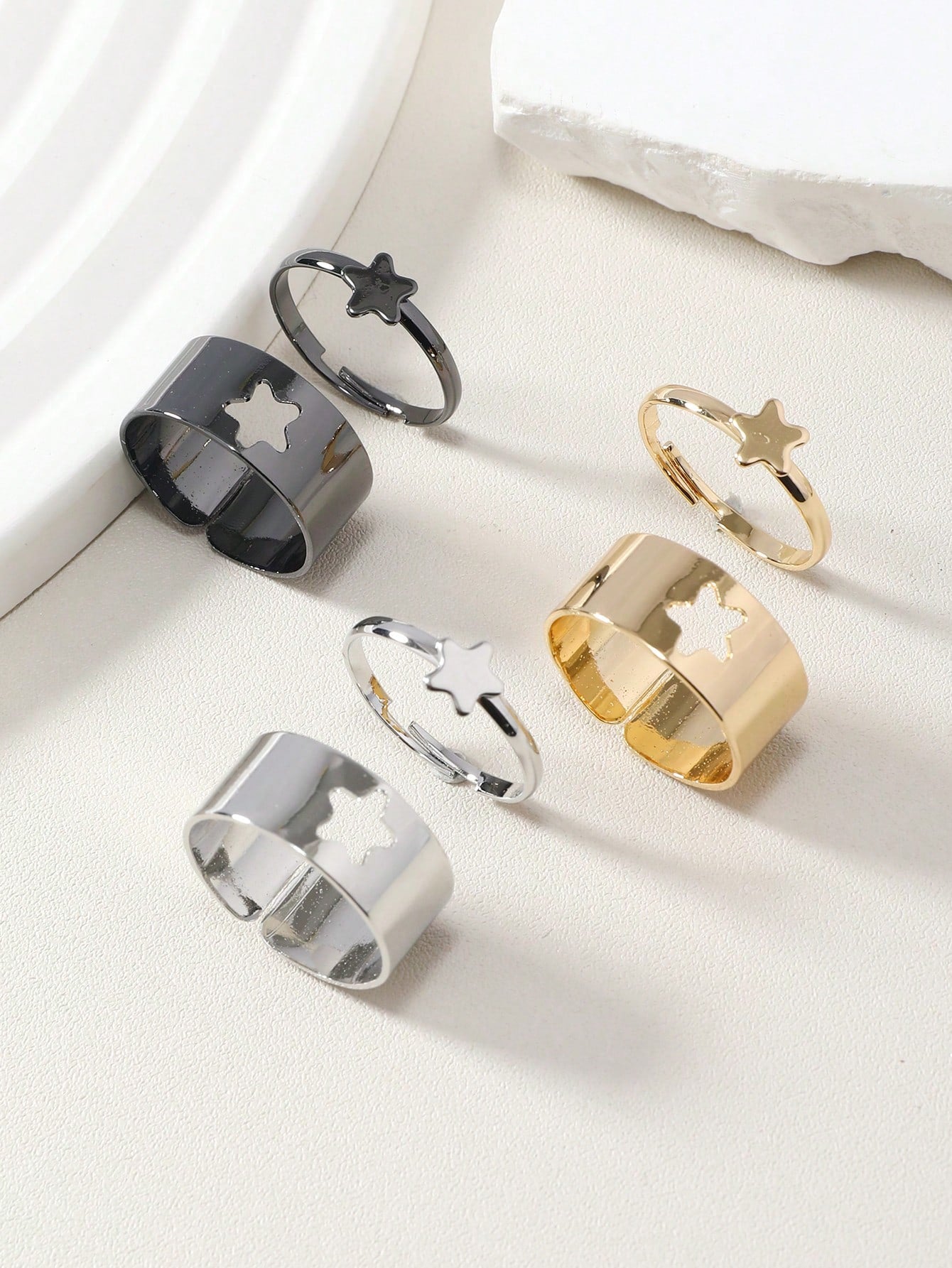 6pcs Girls Star Decor Fashionable Cuff Ring For Daily Decoration