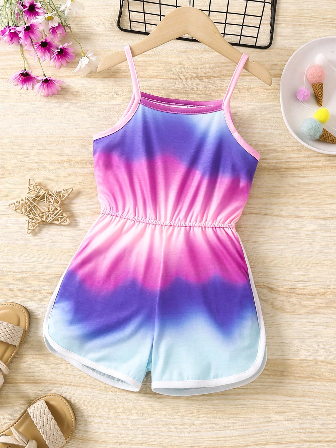 Young Girl Casual Rainbow Ombre Tank Romper, Ideal For Summer, Outdoor Activities And Various Occasions, Simple & Versatile Style, Comfortable To Wear, Perfect For Hot Summer Vacation