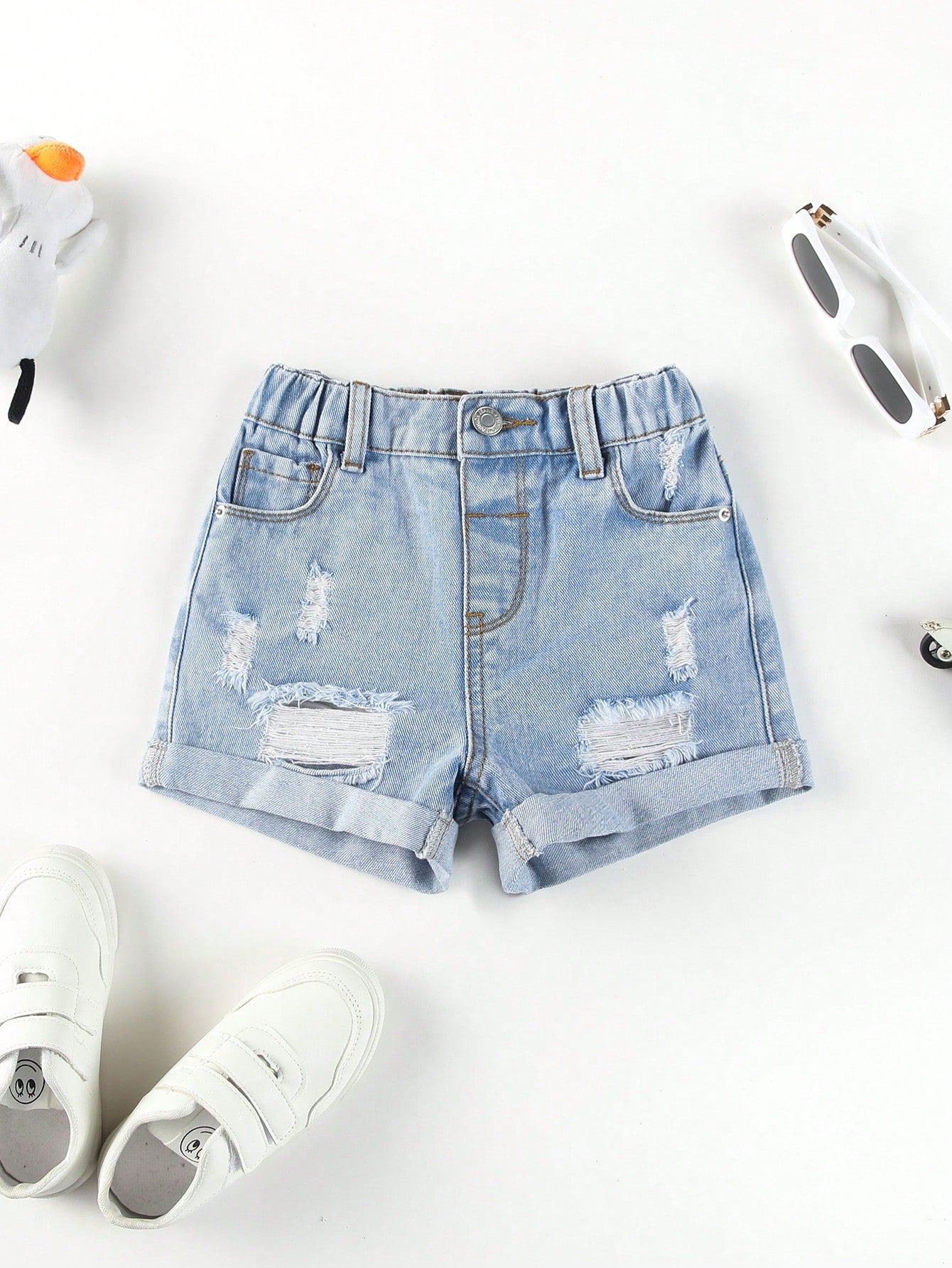 Young Girl Casual Summer Denim Shorts With Distressed Detailing