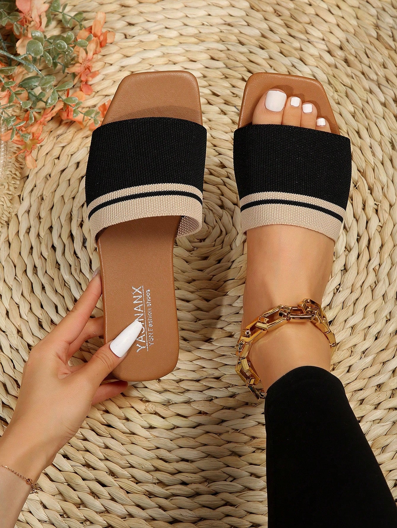 Women's Flat Sandals, Open Toe Square Toe Slip-On Elastic Strap Slippers, Summer Wear