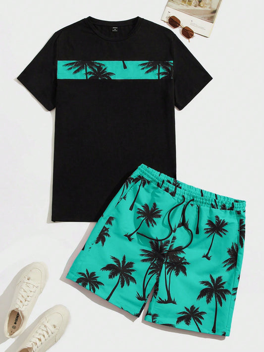 Men Coconut Tree Print Tee & Drawstring Waist Shorts