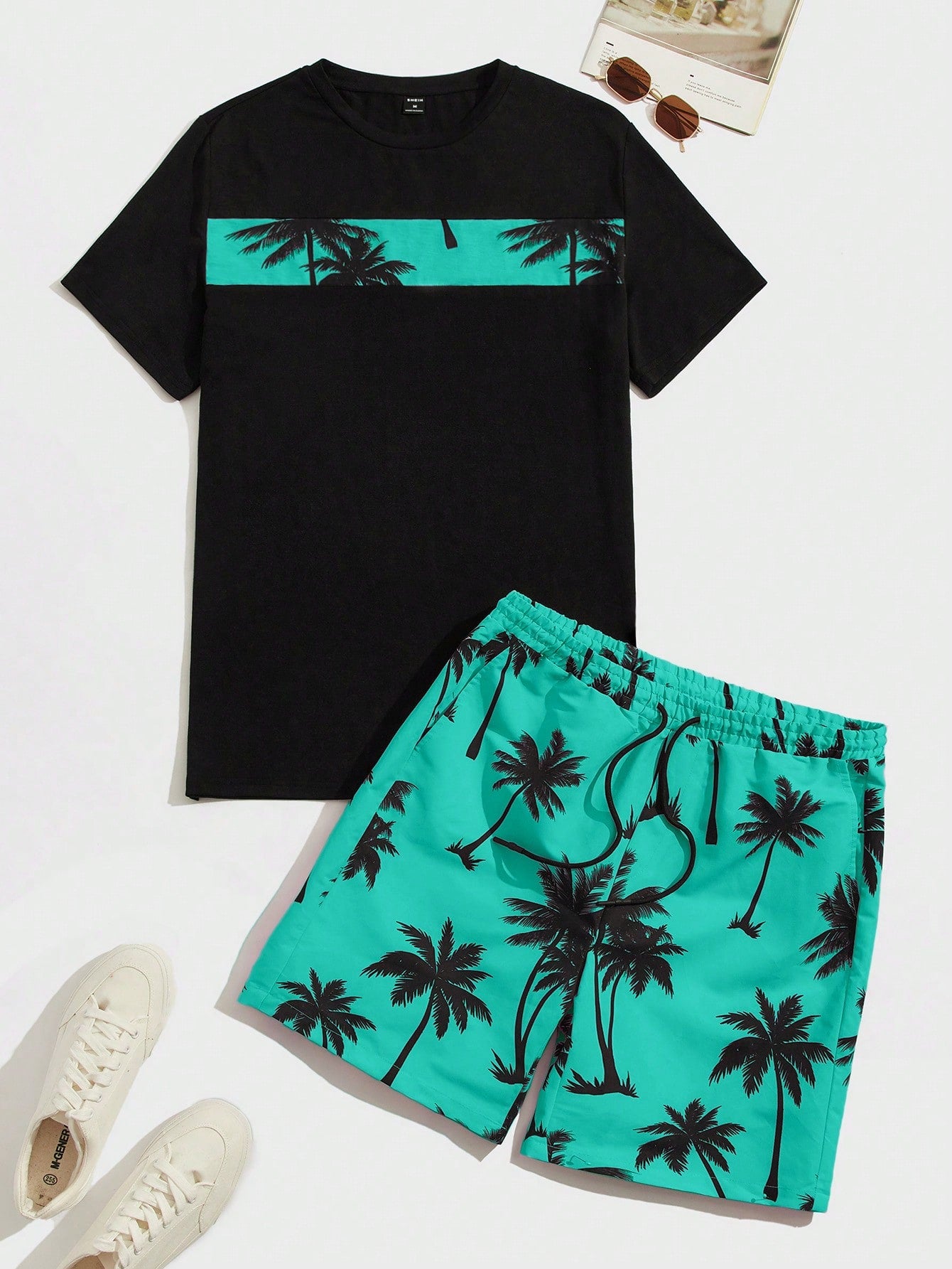 Men's Tropical Print Colorblock Knitted T-Shirt And Drawstring Waist Shorts Set